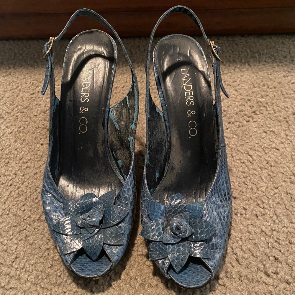 Bluish-Green Snake Skin Open Toe Heels